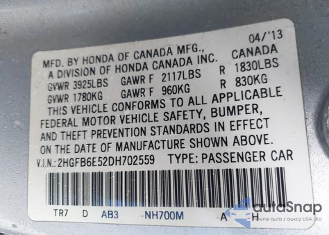 2013 Honda Civic Si z USA, uszkodzony, nr VIN 2HGFB6E52DH702559